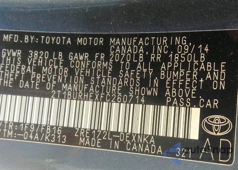 2015 Toyota Corolla Le from USA, damaged, VIN 2T1BURHEXFC260714